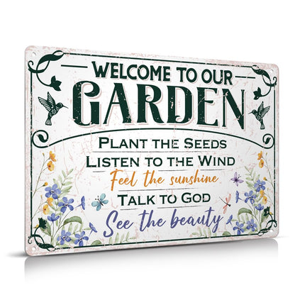 Moanlor Art Welcome To Our Garden Metal Sign 12"x8" Outside Garden Welcome Sign Gardening Gifts and Decorations for Women Gardeners Plant Lovers