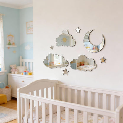 3D Moon Cloud Mirror Wall Decor Acrylic Mirror Stickers Self Adhesive Decorative Moon Star Cloud Wall Decals for Baby Kids Children's Living Room Bedroom Nursery Wall Decor