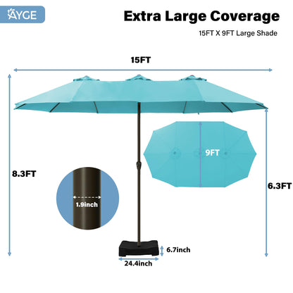 Ayge 15FT Patio Umbrella with Base,Large Outdoor Double-Sided Rectangle Umbrella with Crank Handle, Market Umbrella for Poolside Garden Deck Backyard Beach Pools,Light Blue