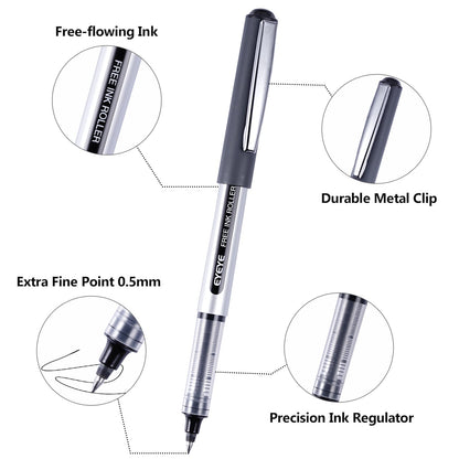 EYEYE Rollerball Pens 0.5mm Black 50 Pack, Extra Fine Point Quick Dry Liquid Ink Roller Ball Pens Fine Point Smooth Writing Pen for Journaling, Note Taking, Office, School Supplies