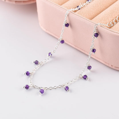 Yanara Amethyst Ankle Bracelets for Women, Natural Purple February Birthstone Silver Plated Jewelry 8.5”+1.5” inch Adjustable Chain, Chakra Crystals and Gemstones, Dainty Minimalist Birthday Gifts for Women