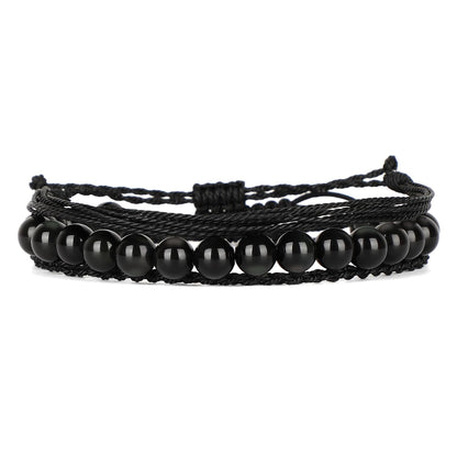 QOGIR Handmade Healing Stones Bracelet,8mm Natural Black Obsidian Gemstone Beads Bracelet,for Men Women Gifts with 2PCS Size Adjustable Rope Bracelets