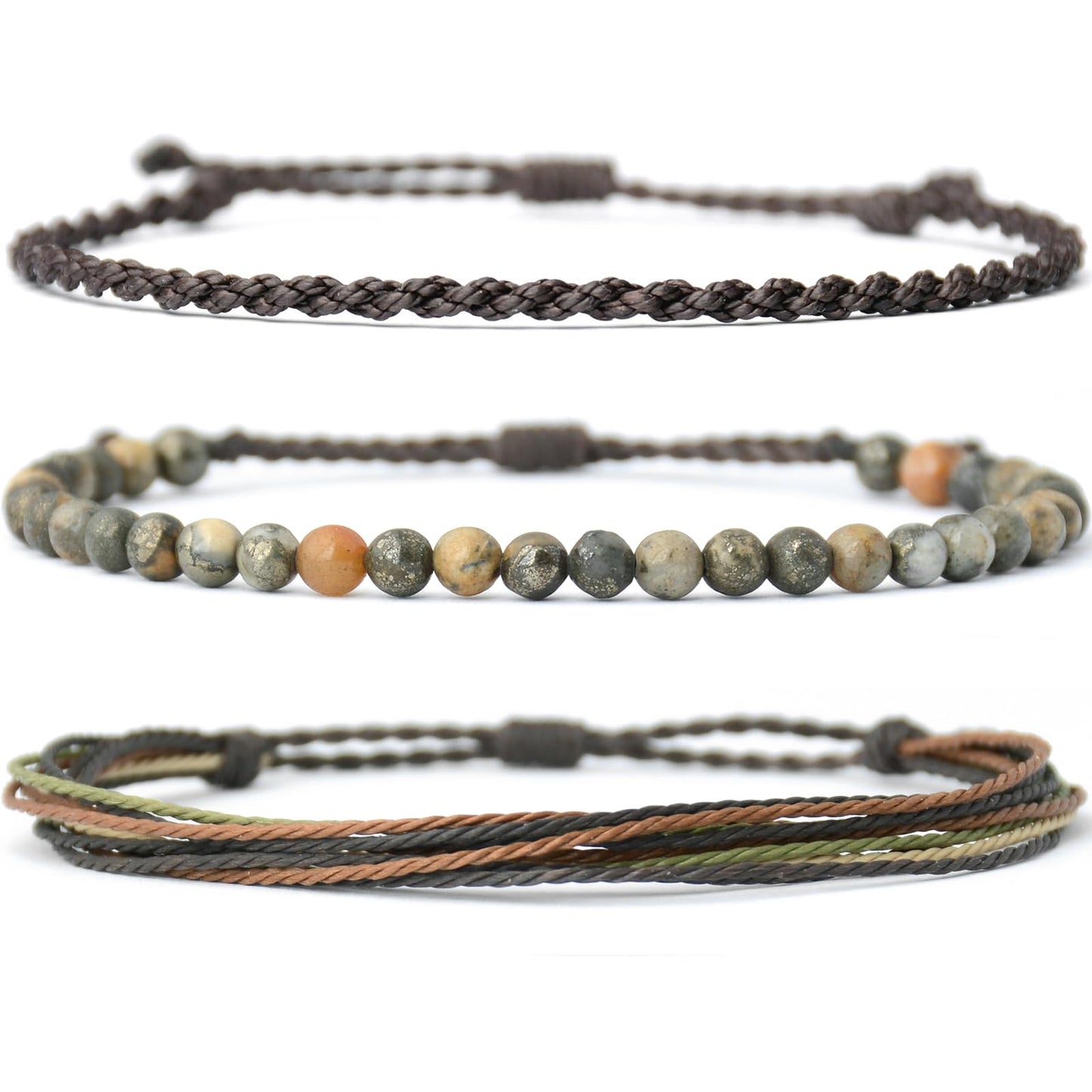 Handmade Natural Stone Beaded Healing Bracelet Gift for Men Adjustable Rope String Bracelet (Pyrite associated with brown quartz ore)