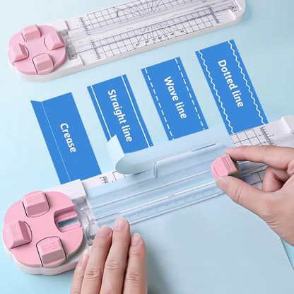 Paper Cutter,4-in-1 Paper Trimmer,Photo Cutter,Multi-Function Scrapbooking Tool with Dial Blades of Straight,Wave,Perforated,Creasing for Cutting Paper,Coupons,Postcards,Card (Pink)