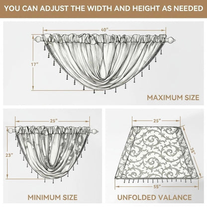 NAPEARL Swag Valance for Windows Tan Beige Organza Sheer Waterfall Curtain, Decorative Elegant Beaded Tassel Trim Rod Pocket Sheer Window Treatment for Bathroom, Kitchen, Small Windows