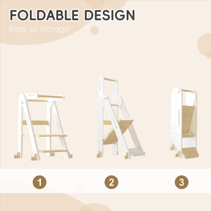 Kids Kitchen Step Stool, Foldable Toddler Tower, Height Adjustable Toddler Standing Tower with Safty Rail and Anti-Slip Device, Wooden Stool for 1.5-6 Years (Wood Color-White)