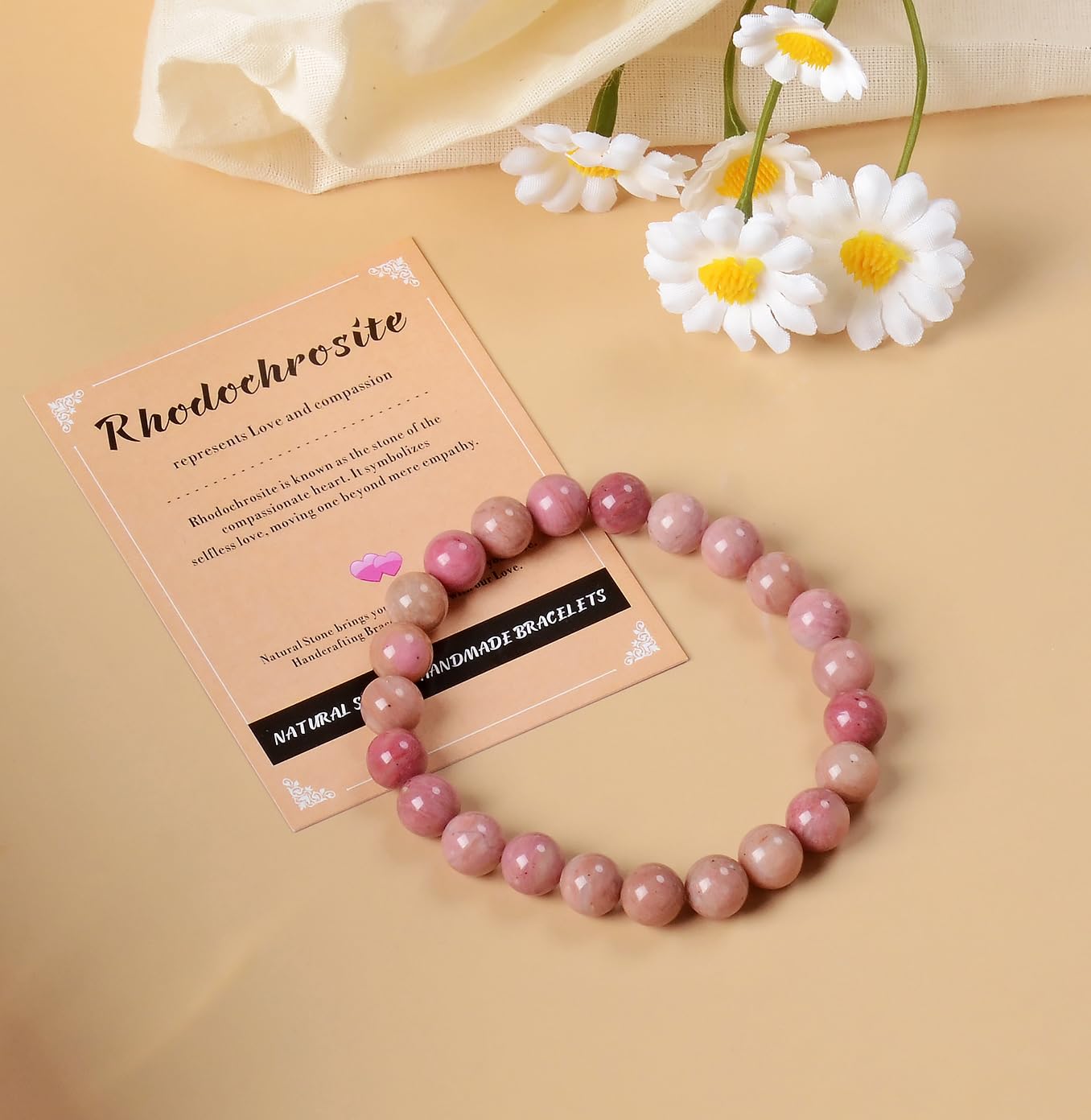 AD Beads Handmade Gemstone Stretch Elastic Bracelet Crystal Healing Reiki Nature's Beauty and Spiritual Essence Unisex (6mm, Rhodochrosite)