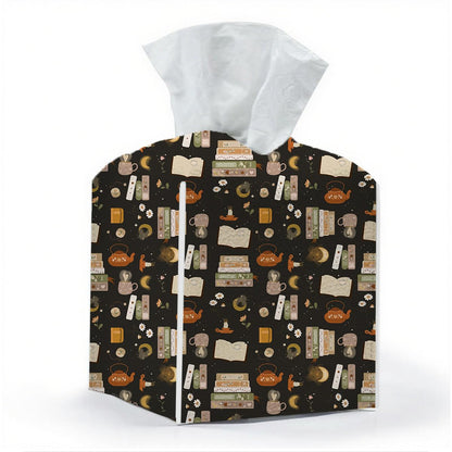 Tissue Box Cover, Tissue Box Holder, Square with Belt Bottom, PU Leather Decorative Organizer for Desk, Tabletop, Countertop Bathroom, Toilet Car, Office, Dresser Bedside, Aesthetic Books Flower Decor