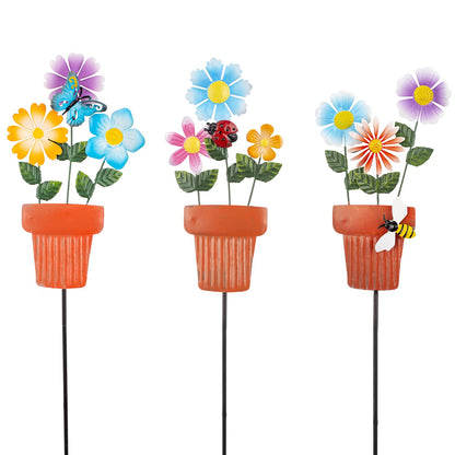 Qipade 3 Pcs Metal Flower Garden Stakes, 24" H Flower Pot Shape Decorative Garden Stakes, Metal Yard Art for Outdoor Spring Lawn Patio Pathway Decor