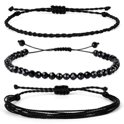 QOGIR Handmade Healing Bracelets,4mm Natural Faceted Black Onyx Gem Stone Beads Bracelet for Men Women Gifts with 2PCS Size Adjustable Rope Bracelets
