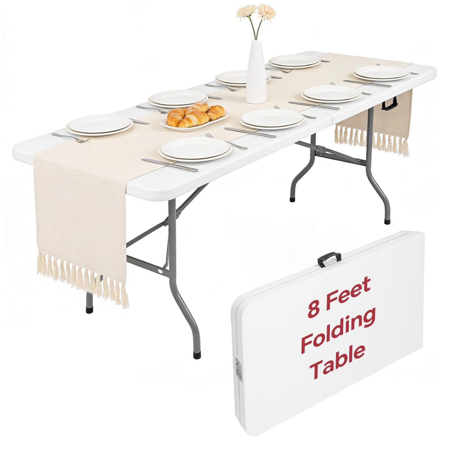 CHRONELLE 8 Foot Folding Table Portable, 8FT Folding Dining Table for Indoor Outdoor, Heavy Duty Fold-in-Half Plastic Long Large Rectangular Utility Card Tables for Picnic Camping Party, 95x29 inch