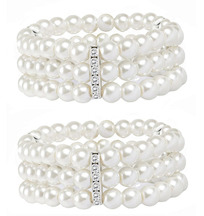 MONAZEO 2-8Pcs Vintage Pearl Bracelet 3-Row Pearl Stretch Bracelet Multi-Layered Elastic Bangle Bridal Wedding Jewelry 1920s Flapper Costume Accessories for Women