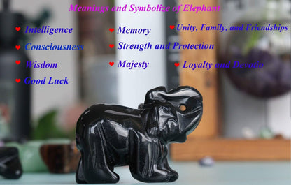2" Black Obsidian Elephant Decor Healing Crystal Cute Polished Natural Stone Hand-Carved Big Sculpture Statue Figurines Gemstone Energy Hippie Home Room Office Desk Decoration Gifts for Women Men