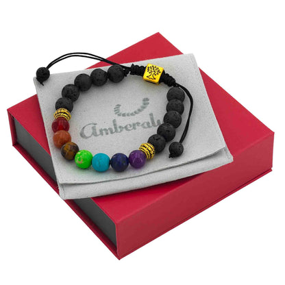 Amberalia Chakra Bracelet, Adjustable, Lava Stone Beads, Tree of Life Charm, Gold