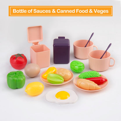56Pcs Mini Play Kitchen Accessories for Kids, Pretend Cooking Playset with Cookware, Tableware & 2 Fruit Sets, Learning Gift for Girls, Boys, Toddlers, Pink