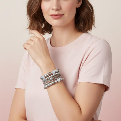 Heclia Beaded Stretch Bracelets Silver Stackable Crystal Beads Bracelets 5PCS Beaded Boho Stretch Bracelet Layering Crystal Stone Bead Bracelet Trendy Costume Jewelry Gifts for Women