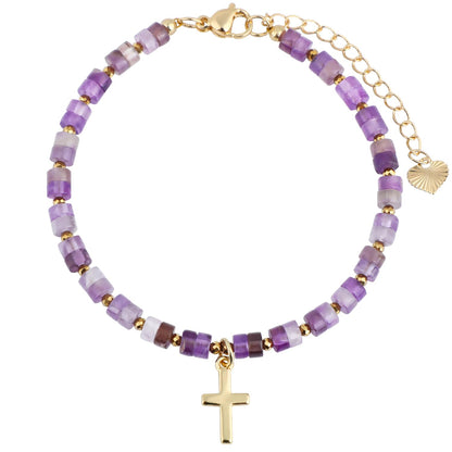 Natural Gemstone Healing Crystal Amethyst Dainty Charms Cross Bracelet Adjustable Chain Extender Minimalist Jewelry