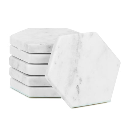 LAVAUX DESIGNS Set of 6 Hexagon Marble Coasters | White Decor for Modern Homes | Drink Coasters for Coffee Table, Dining, Bar or Office| Made from 100% Solid Real Marble | Cute Stone Coasters