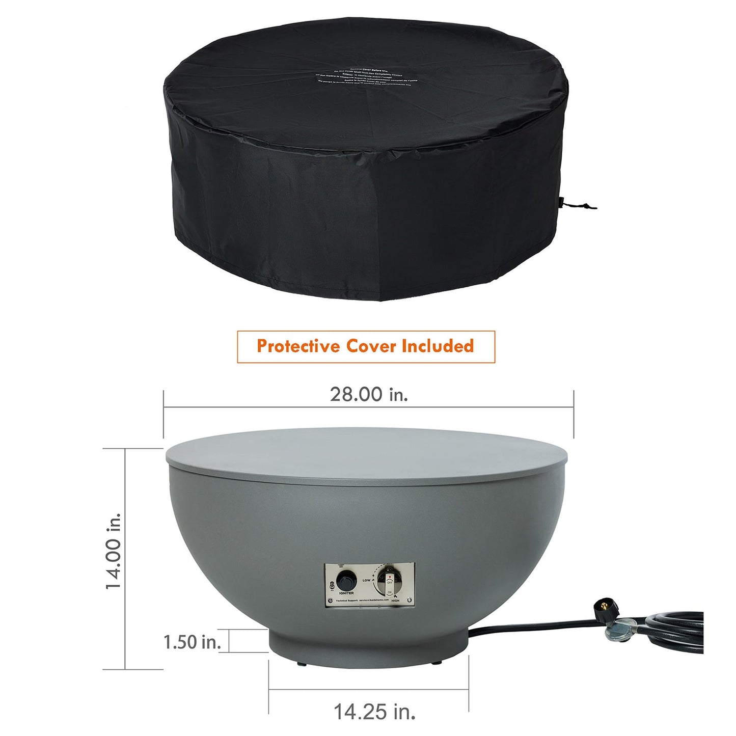 28-Inch Propane Fire Pit with Natural Gas Conversion Kit, 58,000 BTU Round Gas Fire Pit Table, Outdoor Fire Bowl Firepit with Lid, Lava Rocks, Cover, Pre-Attached 10 ft Propane Hose, Gray