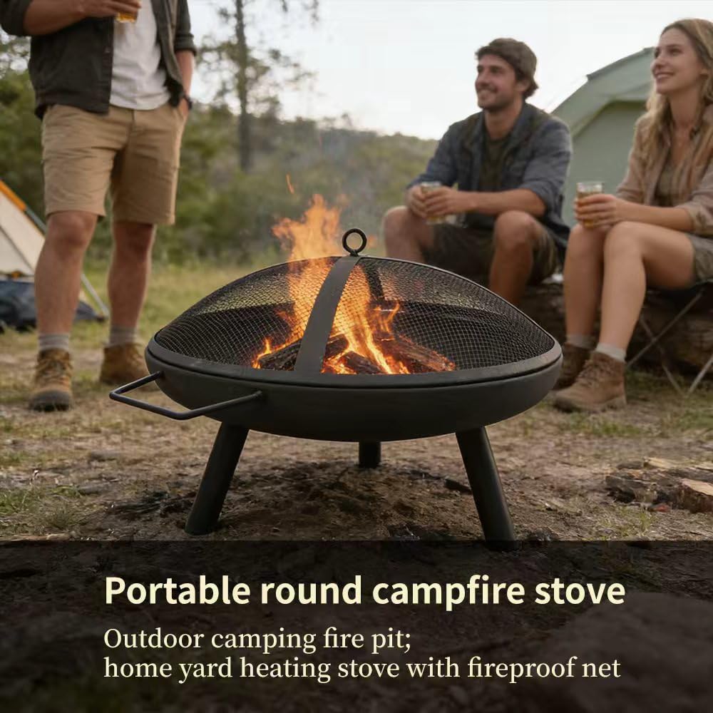 23inch Portable Fire Pit with Fire Poker and Spark Screen, 2 in 1 Small Round Outdoor Fireplace for Outside Heating, Bonfire Party, Camping, Backyard, Patio, Garden, RV Trip