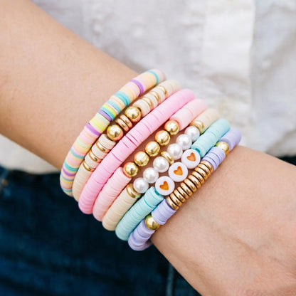 YEOSMINE Boho Heishi Clay Beaded Stretch Bracelets Stack For Women, Preppy Teens Friendship Gold Bracelets Cute Beach Surfer Accessories Bulk Set Trendy Fashion Jewelry