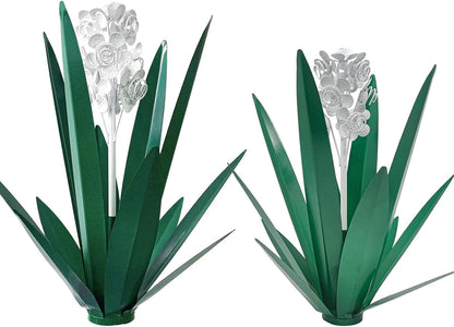 LCJECV Metal Agave Plant Garden Art, 2 Pack Tequila Rustic Sculpture, Rustic Metal Agave Plants for Yard Stakes, Garden Figurines, Outdoor Patio (2 PCS White Flowers)