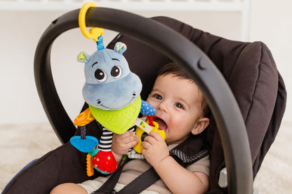 Balibazoo Hippo Hanging Baby Activity Toy – Soft Plush Sensory Toy with 3 BPA-Free Silicone Teethers, Crinkle Ears & Hidden Bell | Clip for Stroller and Car Seat | Developmental Toy 0-24M | Gift