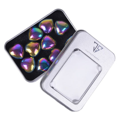 Coated Rainbow Hematite Gemstone Healing Crystal 0.8 inch Mini Puffy Heart Pocket Stone Iron Gift Box (Pack of 10)