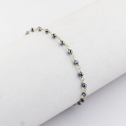 JOR Natural Hematite Beaded Rosary Anklet, Handmade Craft, Anklet Beads Bracelet, Chakra Healing Anklet, Gemstone Women Jewelry, Dainty Gold Plated Anklet 9 inch + 2 inch (1pcs)