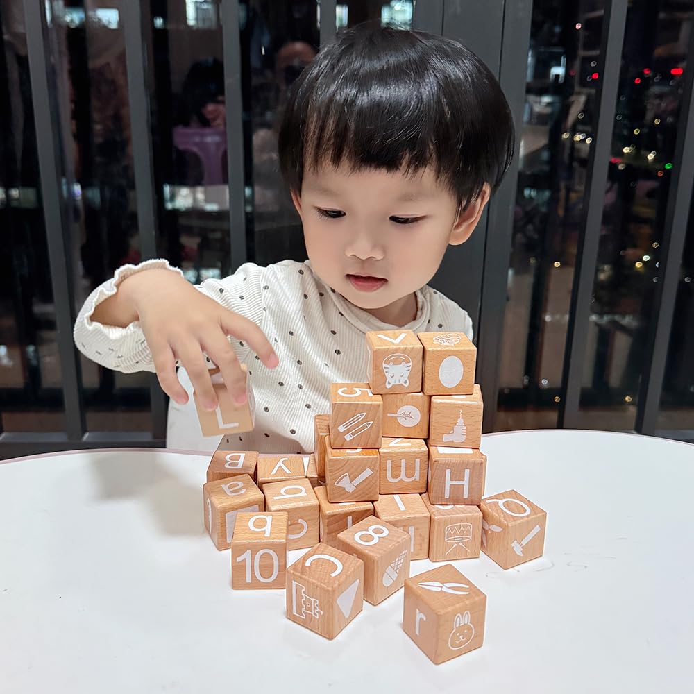 ANWoRLeT Wooden Blocks,28 ABC Building Blocks,Wooden Alphabet Baby Blocks,Counting & Building Block Set,Blocks Toys for 3+ Year Old,1.18inch,Gifts