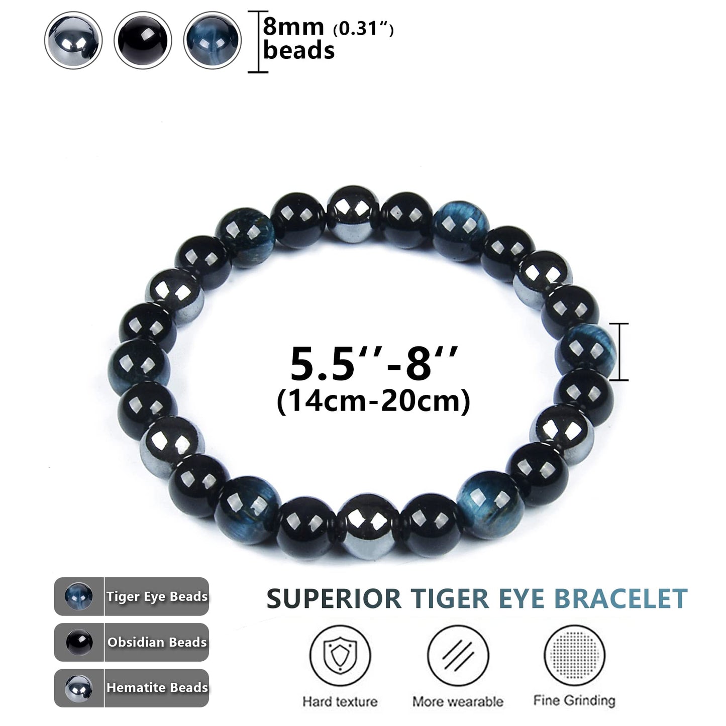 SAMXY Triple Protection Bracelet, 8mm Healing Crystal Bead Bracelet, 3pcs Blue Red Tiger's Eye Obsidian Hematite Bracelet Women Men