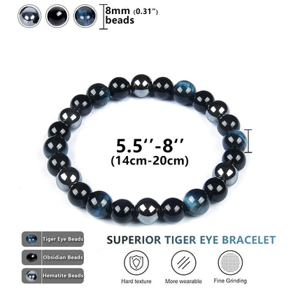 SAMXY Triple Protection Bracelet, 8mm Healing Crystal Bead Bracelet, 3pcs Blue Red Tiger's Eye Obsidian Hematite Bracelet Women Men
