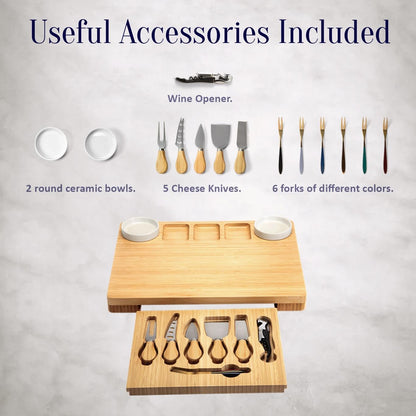 Charcuterie Board and Cheese Board Set with Knives, Bowls, Color Forks & Wine Opener – Premium Appetizer Platter with Compartments, Eco Friendly Charcuterie Accessories for Stylish Hosts.