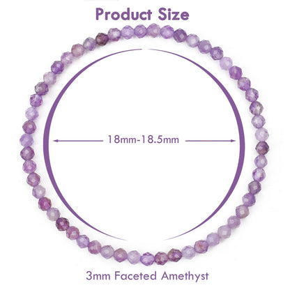 BONNY BOXX Natural Genuine Gemstone Faceted Round Beads Bracelets, 3mm Adjustable Stretchy Tiny Faceted Amethyst Bracelet, Healing Crystal Reiki Chakra Dainty Jewelry Fashion Gifts