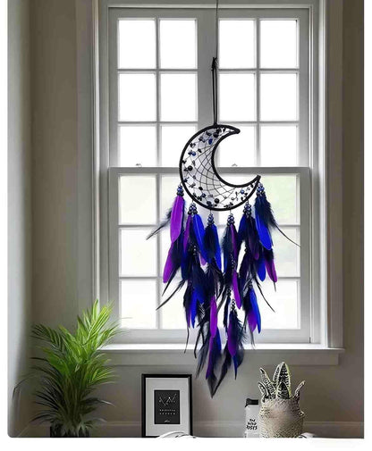 BELACASA Moon Dream Catcher Handmade for Bedroom Purple and Blue Feather Dream Catchers for Home Decoration Ornaments for Bedroom Wall Hanging (Purple Feather - 1pc)