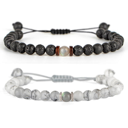 QOGIR Matching Couples Bracelets Natural White Howlite Black Lava Adjustable String Bracelet