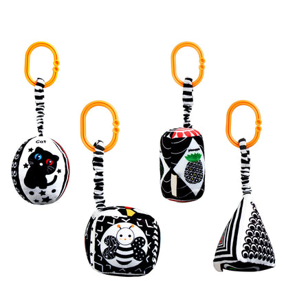 KAKIBLIN Baby Hanging Rattle Toys, 4 Pack Black and White Car Seat Baby Toys Soft Squeaky Stroller Toy for Babies Montessori Sensory Toy 0-12 Months for Newborn Infant, White and Black