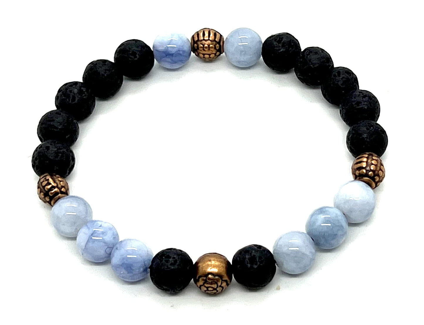 AWAKEN YOUR KUNDALINI Lava Rock & Aquamarine Stretch Bracelet – 8mm Beads, Copper Spacers