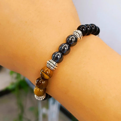 WEFRIN Triple Protection Bracelet for Bring Luck and Prosperity Hematite Black Obsidian Tiger Eye Stone Bracelets for Men Women, Beaded Buddha Healing Rope Uni Bracelet (2pcs)