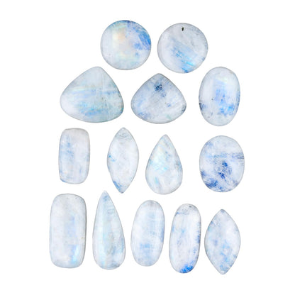 GemSymphony 100 Carat Natural Rainbow Moonstone Gemstone Cabochon Lot Mixed Shapes – 6 to 8 pcs Hand Polished Crystal Stones for Jewelry Making Supply, Healing, Reiki, Craft Supplies, Unique Cab Set for Wire Wrapping & Collectors (10-20 mm)