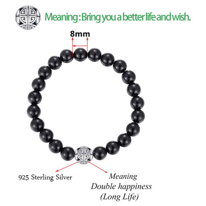 MetJakt Healing Crystals Beaded Bracelets for Womens Natural Gemstone 8mm Beads Stretch Bracelets with 925 Sterling Silver Double Happiness Pendant (Black Agate)