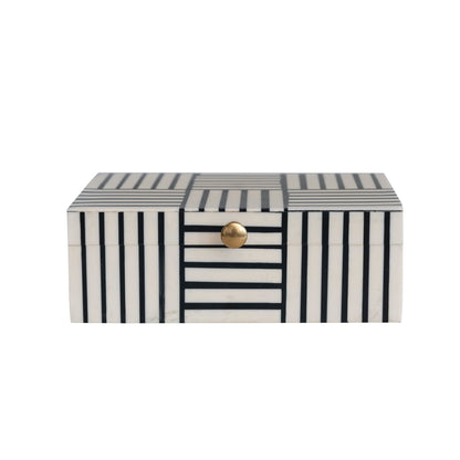 Bloomingville Plastic Storage Box with Striped Block Pattern and Gold Knob, Black and White