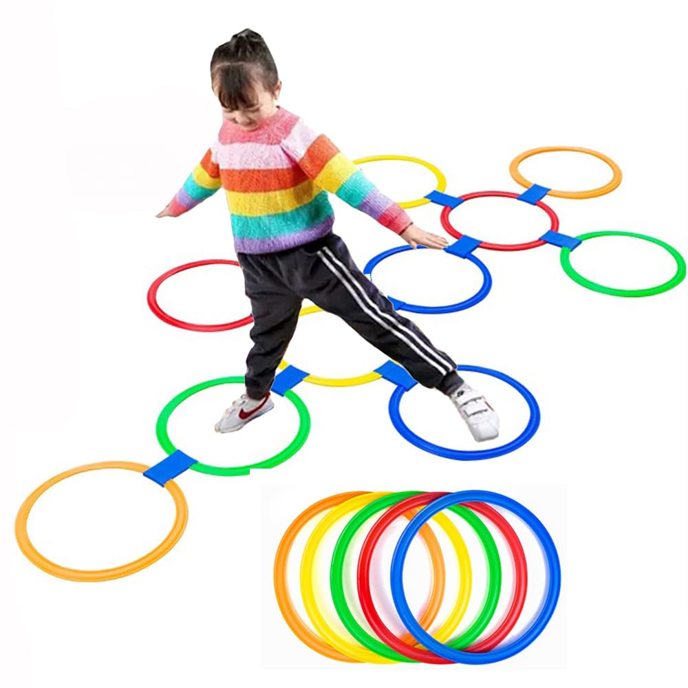 AMYESE Hopscotch Rings- 11in Hopscotch Game Hoops Circles with 15 Connectors for Kids Balance Agility Training Obstacle Course, Children Birthday Fun Play Indoor Outdoor Backyard Playground Activity