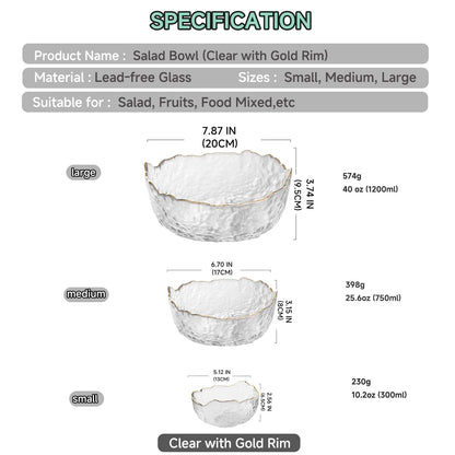 SYXLTSH Glass Salad Bowl Irregular Lotus Flower Shape Serving Bowls, Mixing Nut Bowls for Kitchen Fruist, Snack, Dessert, and Ice Cream Candy Dishes (Crystal Clear with Gold Rim, Medium)