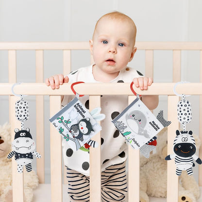 Baby Hanging Rattle Toys, Black and White High Contrast Baby Toys, Stroller Mobile Toy with Soft Plush Animal Rattles and Soothing Sounds, 4 Pack (Animal)