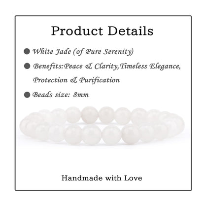 Bymitel 8mm White Jade - Handmade Reiki Gemstone Stretch Bracelet, Natural Beauty & Spiritual Essence, Crystal Healing for Unisex Adults