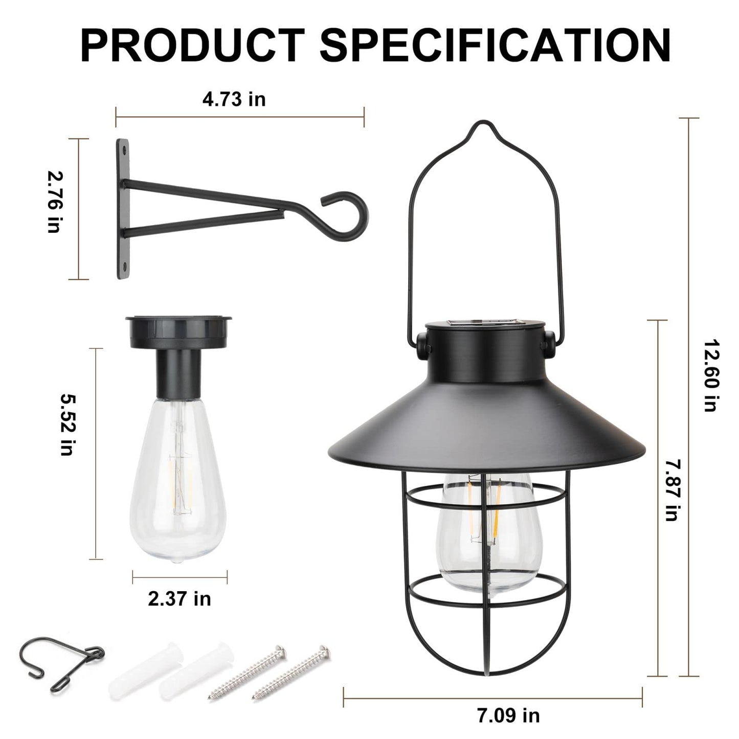 pearlstar Solar Lanterns Outdoor Metal Solar Powered Hanging Lights Waterproof for Wall Barn Yard Garden Patio Garage Balcony Porch Fence Decor, Warm White Edison Bulb (Black-2pack)