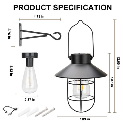 pearlstar Solar Lanterns Outdoor Metal Solar Powered Hanging Lights Waterproof for Wall Barn Yard Garden Patio Garage Balcony Porch Fence Decor, Warm White Edison Bulb (Black-2pack)