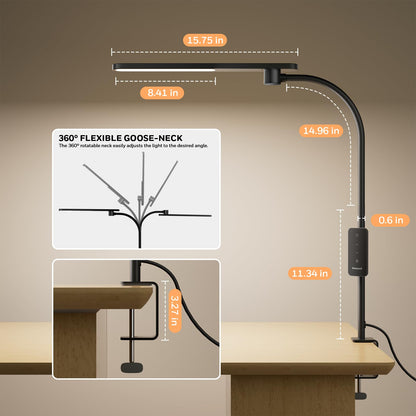 Honeywell HJ2 Sunturalux™ Clamp LED Desk Lamp, CRI≥97 Full-Spectrum Eye-Caring Light, 3 Color Modes & Stepless Dimming, 16" Flexible Gooseneck for Reading, Home Office, Art Creation (Black)
