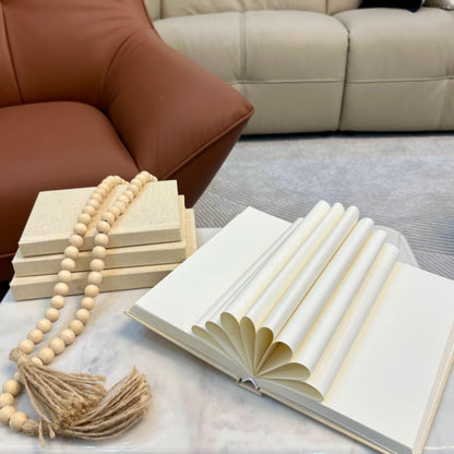 Linen Covered Decorative Books 4 Pieces, Neutral Home Decor Coffee Table Books with Wooden Beaded Tassel, Stacked Books for Rustic Farmhouse Modern, Boho, Bookshelf, Fireplace Mantel Décor, Beige